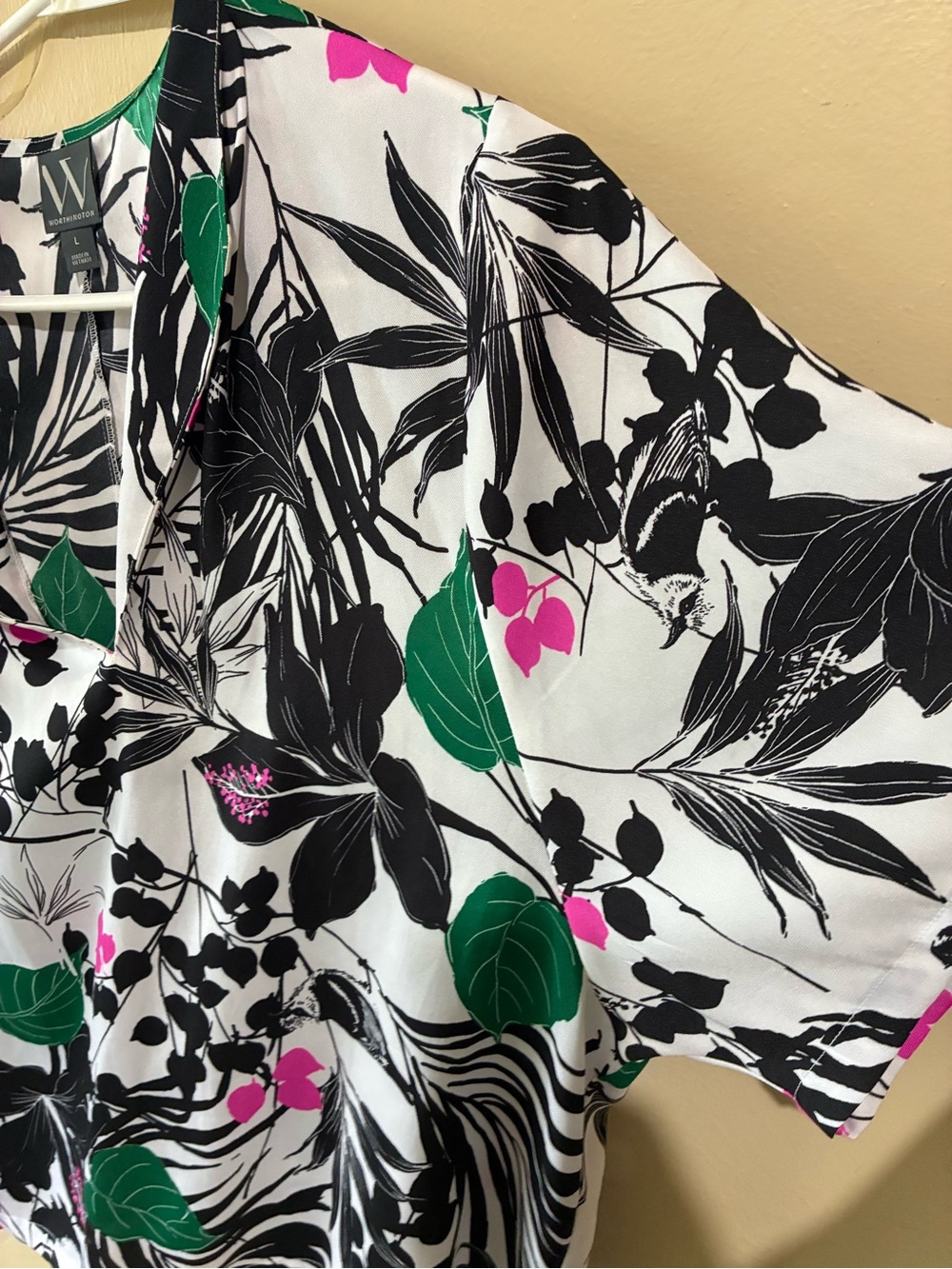 Worthington White Botanical Print Draped Neck Blouse with Green & Pink Accents - Picture 5 of 8